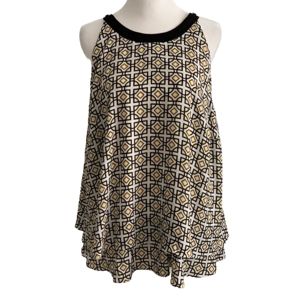 WORTHINGTON Women’s Sleeveless Tiered Black White & Gold Print Tank Size: 0X